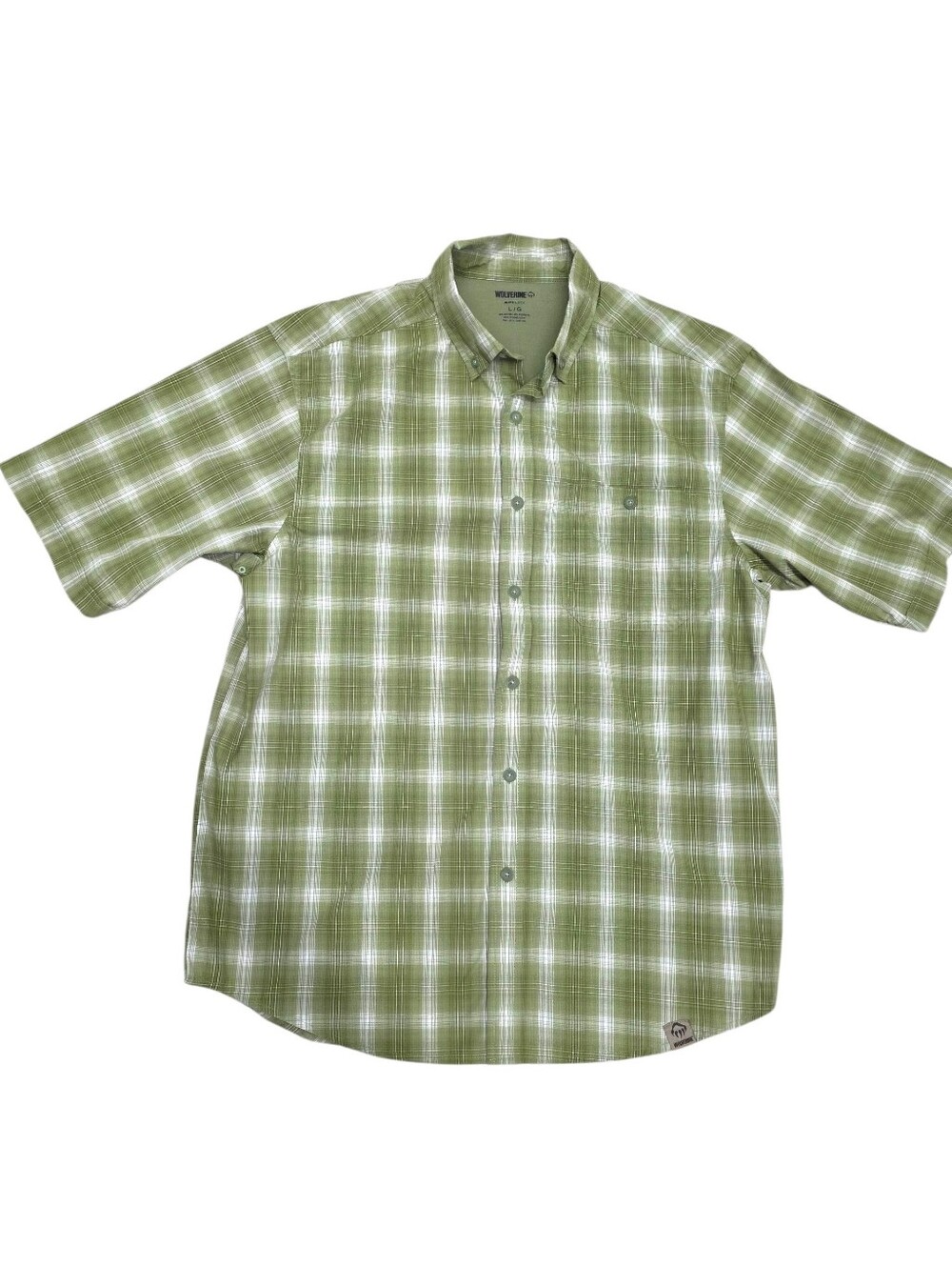 Wolverine Men's Olive and White Plaid Short Sleeve Button-Down Shirt Size Large